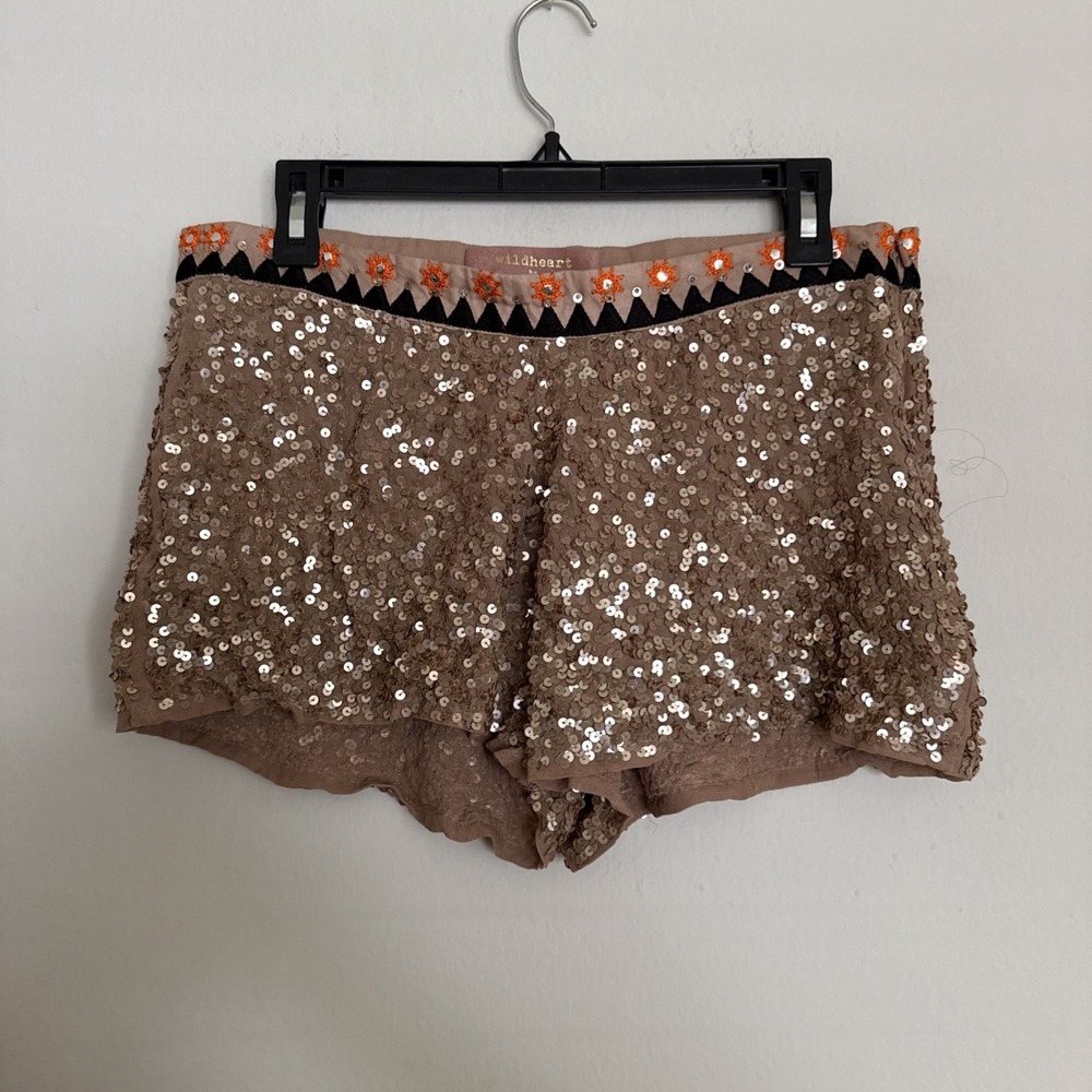 Free People Sequin Embellished Tan Shorts with Orange Trim